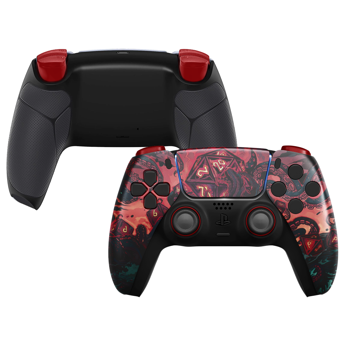 Custom PS5 Controller mit rot-schwarzem Fantasy-Design, roten Schultertasten und schwarzem Grip-Backcover