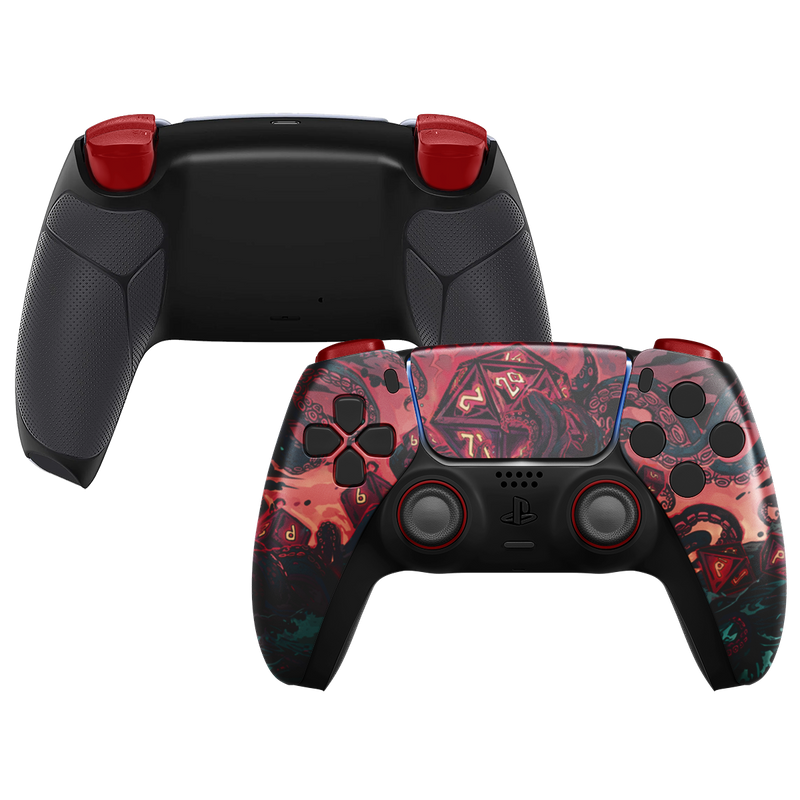 Custom PS5 Controller mit rot-schwarzem Fantasy-Design, roten Schultertasten und schwarzem Grip-Backcover
