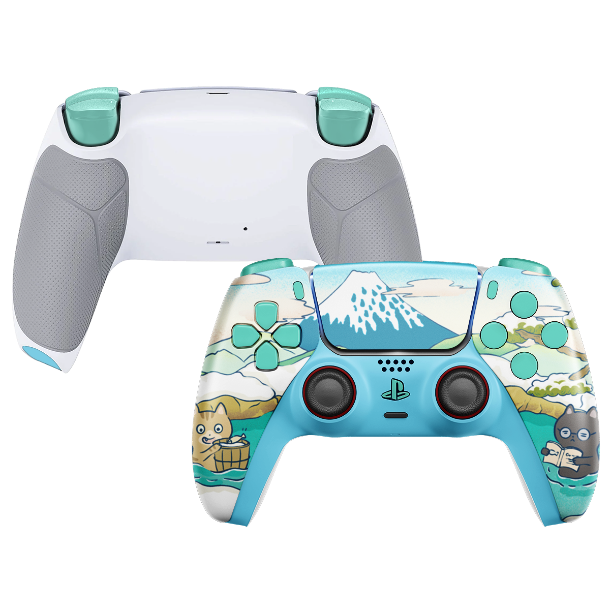 Custom PS5 Controller mit türkis-weißem Berg-Design, mintfarbenen Buttons und grauer Grip-Rückseite