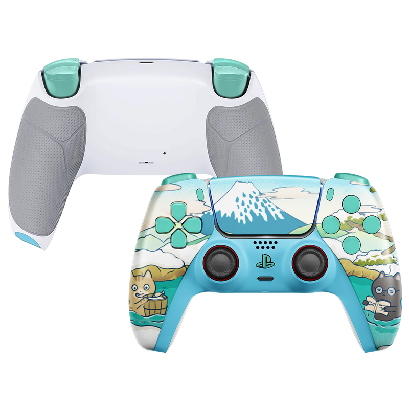 Custom PS5 Controller mit türkis-weißem Berg-Design, mintfarbenen Buttons und grauer Grip-Rückseite