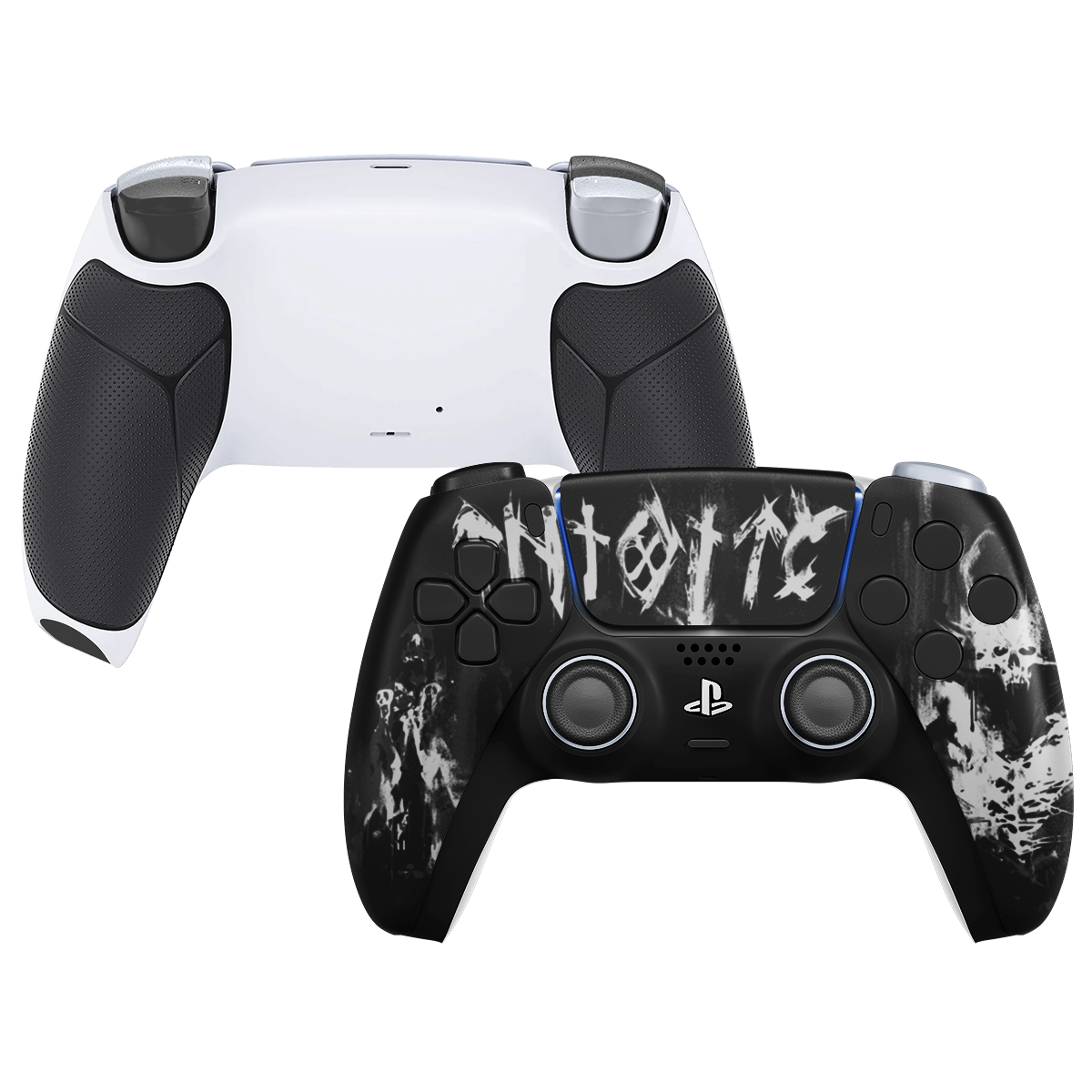 Custom PS5 Controller mit schwarz-weißem Toxic-Design, schwarzem Frontgehäuse und Grip-Rückseite