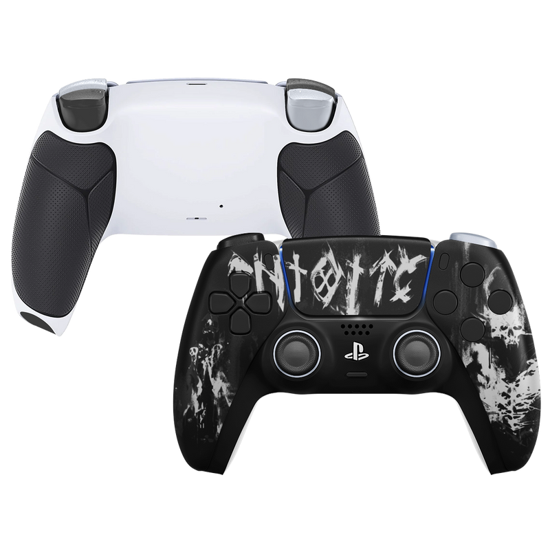 Custom PS5 Controller mit schwarz-weißem Toxic-Design, schwarzem Frontgehäuse und Grip-Rückseite