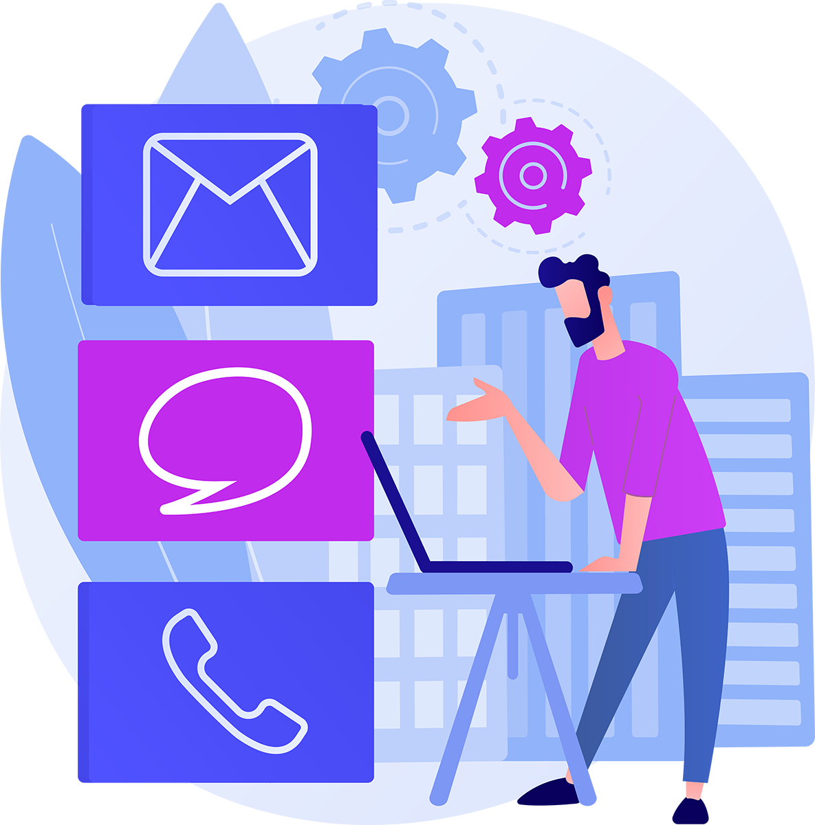 Kontakt Illustration mit E-Mail, Chat und Telefon für Kundenanfragen