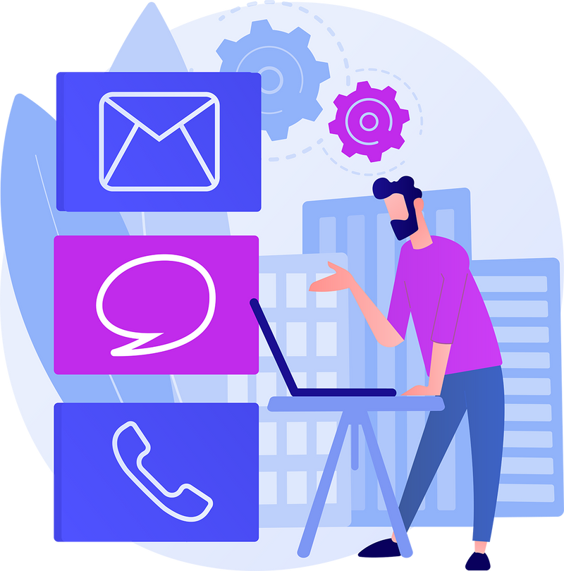 Kontakt Illustration mit E-Mail, Chat und Telefon für Kundenanfragen