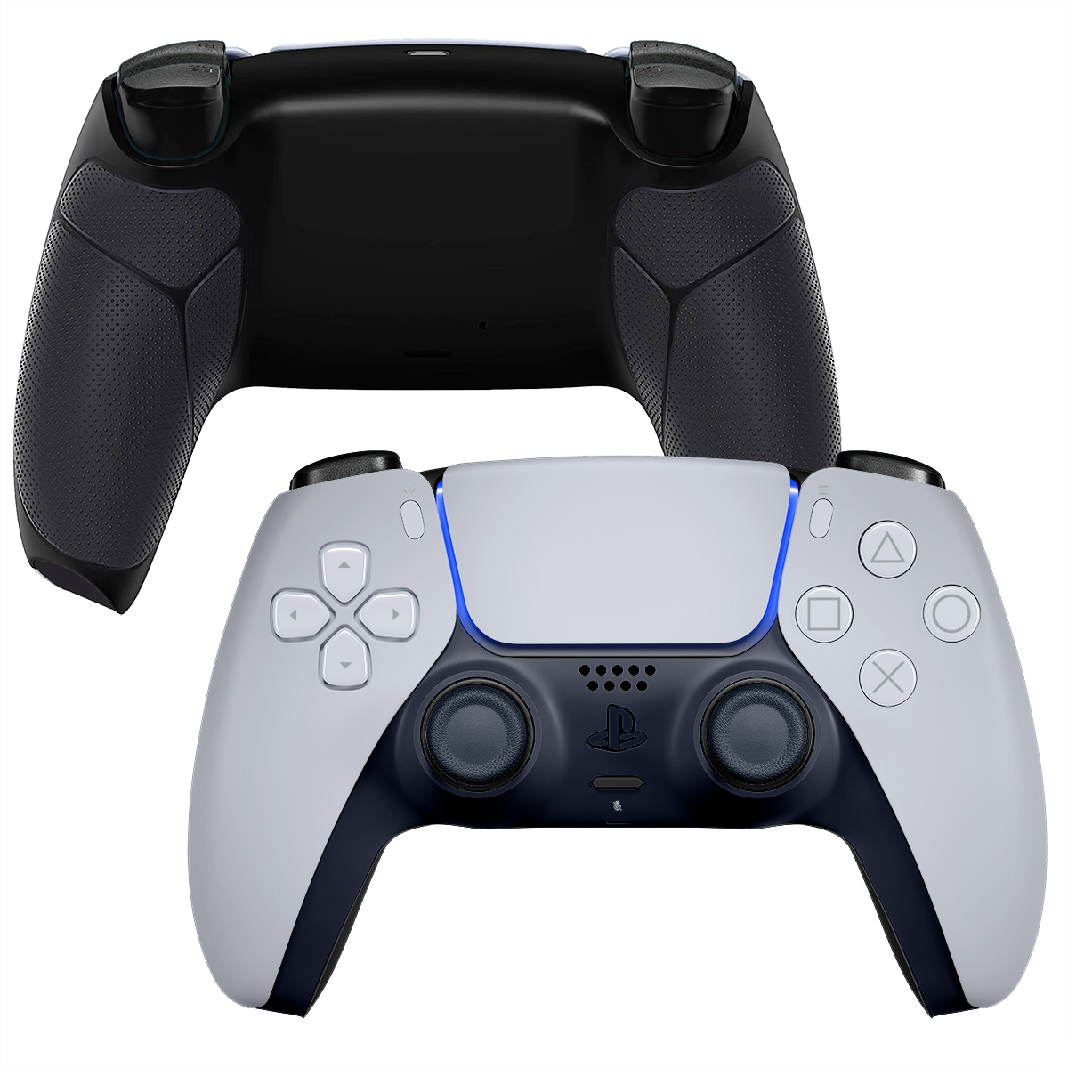 INFINITE NOOB Custom PS5 Controller mit weißem Design und schwarzem Grip-Backcover für PlayStation 5
