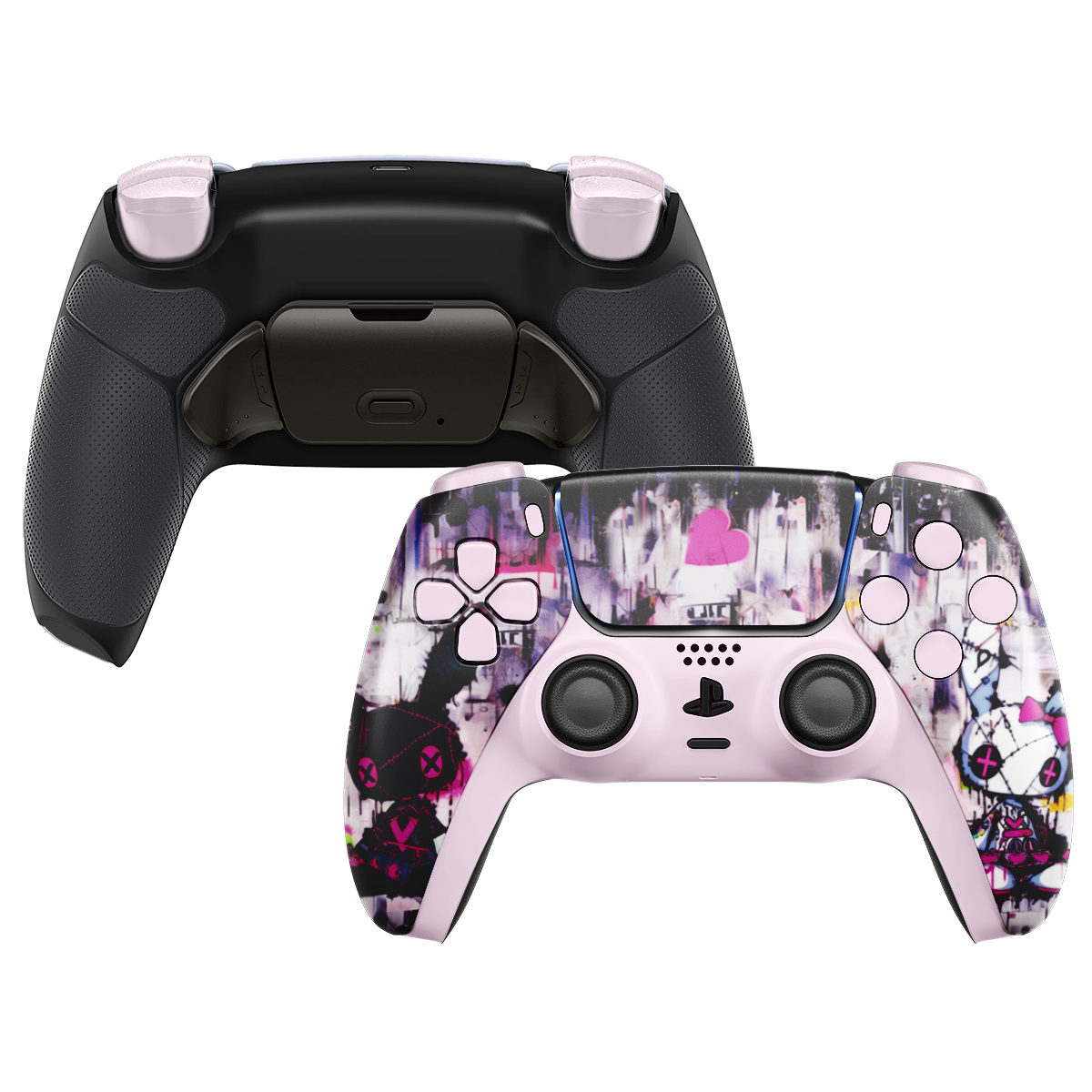 INFINITE PRO Custom PS5 Controller mit pink-schwarzem Grafikdesign, Paddles und schwarzem Grip-Backcover