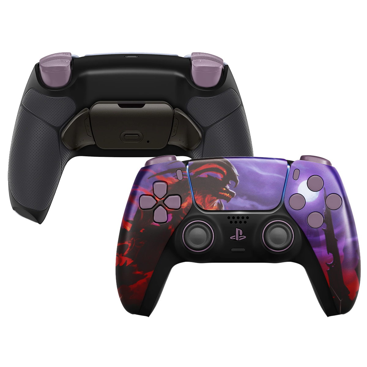 INFINITE PRO Custom PS5 Controller mit rot-violettem Design, Paddles und schwarzem Grip-Backcover
