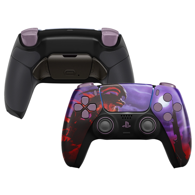 INFINITE PRO Custom PS5 Controller mit rot-violettem Design, Paddles und schwarzem Grip-Backcover
