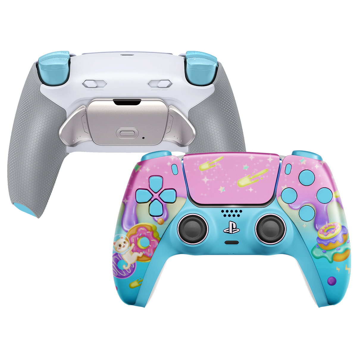 INFINITE ULTIMATE Custom PS5 Controller mit pink-türkisfarbenem Design, Paddles und grauem Grip-Backcover