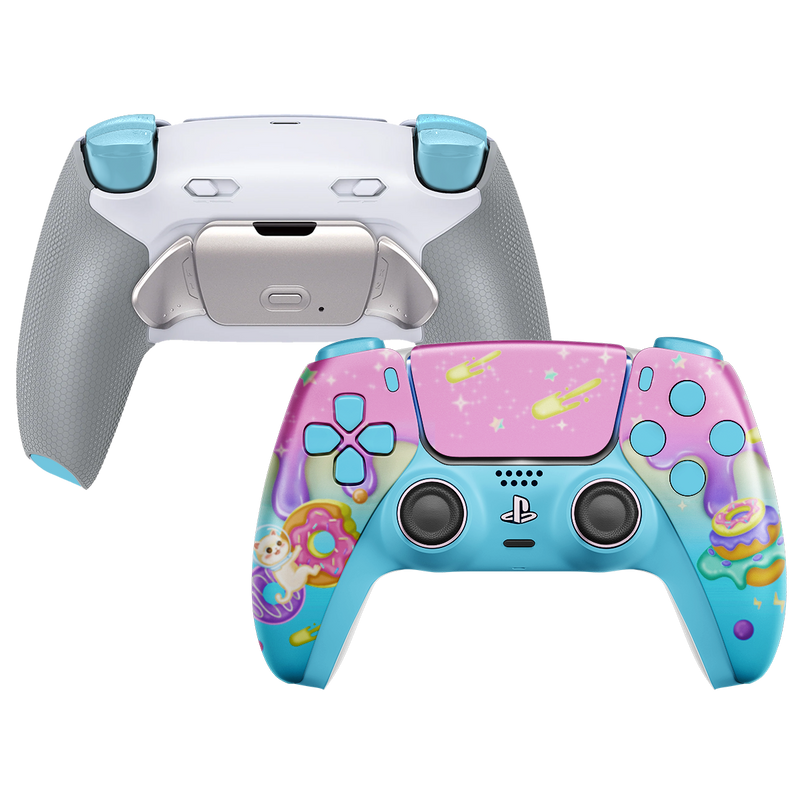 INFINITE ULTIMATE Custom PS5 Controller mit pink-türkisfarbenem Design, Paddles und grauem Grip-Backcover